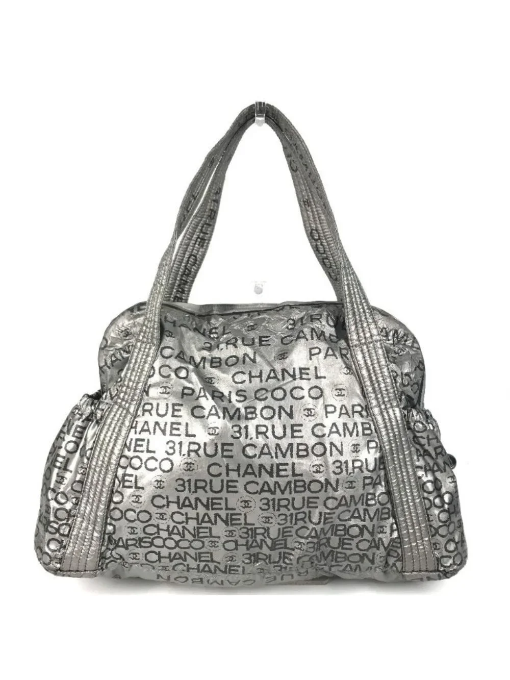 Chanel Boston Bag CC Logo Nylon Canvas Silver